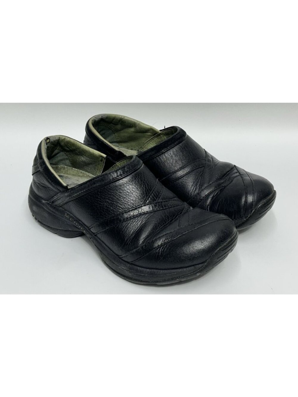MERRELL Primo Patch Womens Sz 7.5 Leather Slip On Shoes Black Clogs READ